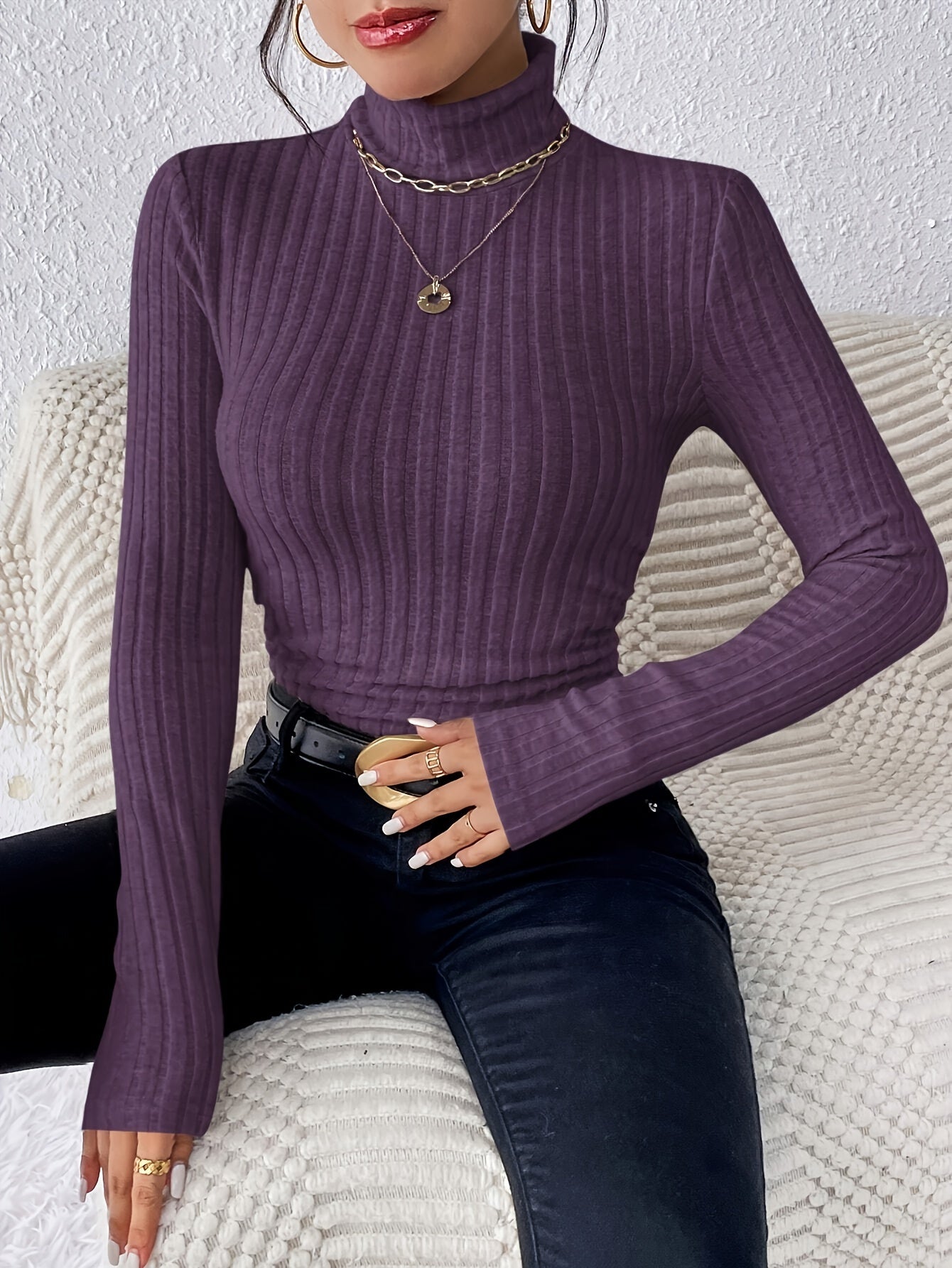 Women's Elegant High-Neck Ribbed Sweater - Solid Color Long Sleeve Fashion Top - Polyester Knit - For Fall/Winter - Perfect for Women - Stylish & Cozy - Ideal Gift for Birthday & Holidays